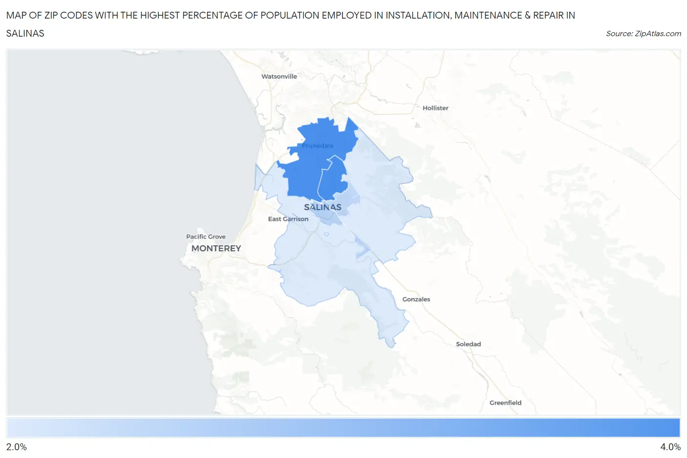 Zip Codes with the Highest Percentage of Population Employed in Installation, Maintenance & Repair in Salinas Map
