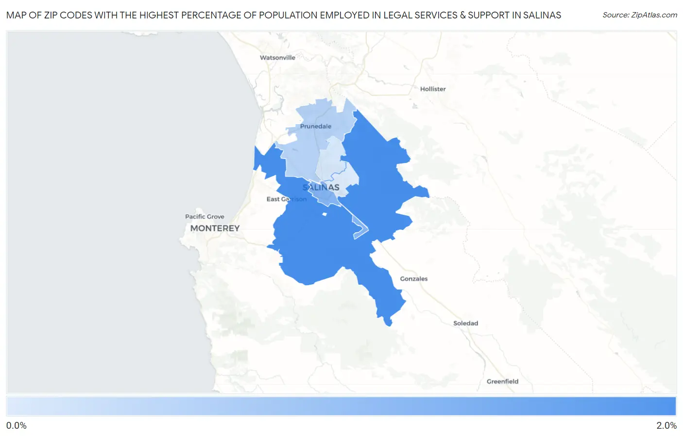 Zip Codes with the Highest Percentage of Population Employed in Legal Services & Support in Salinas Map