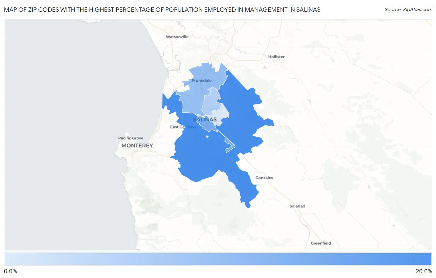 Zip Codes with the Highest Percentage of Population Employed in Management in Salinas Map