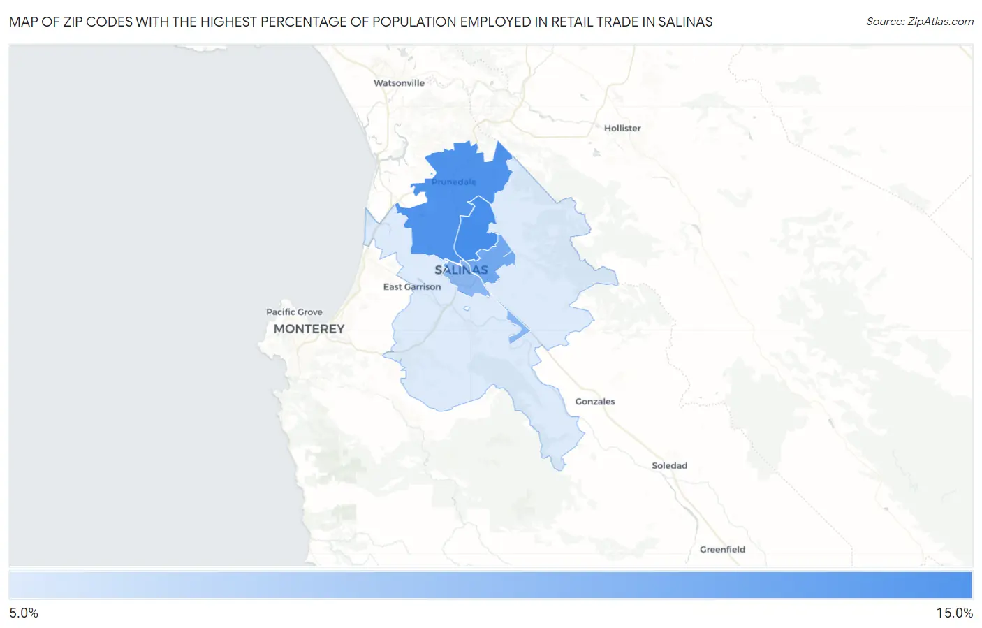 Zip Codes with the Highest Percentage of Population Employed in Retail Trade in Salinas Map