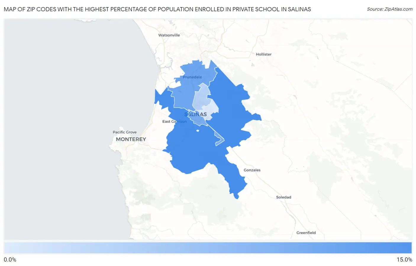 Zip Codes with the Highest Percentage of Population Enrolled in Private School in Salinas Map