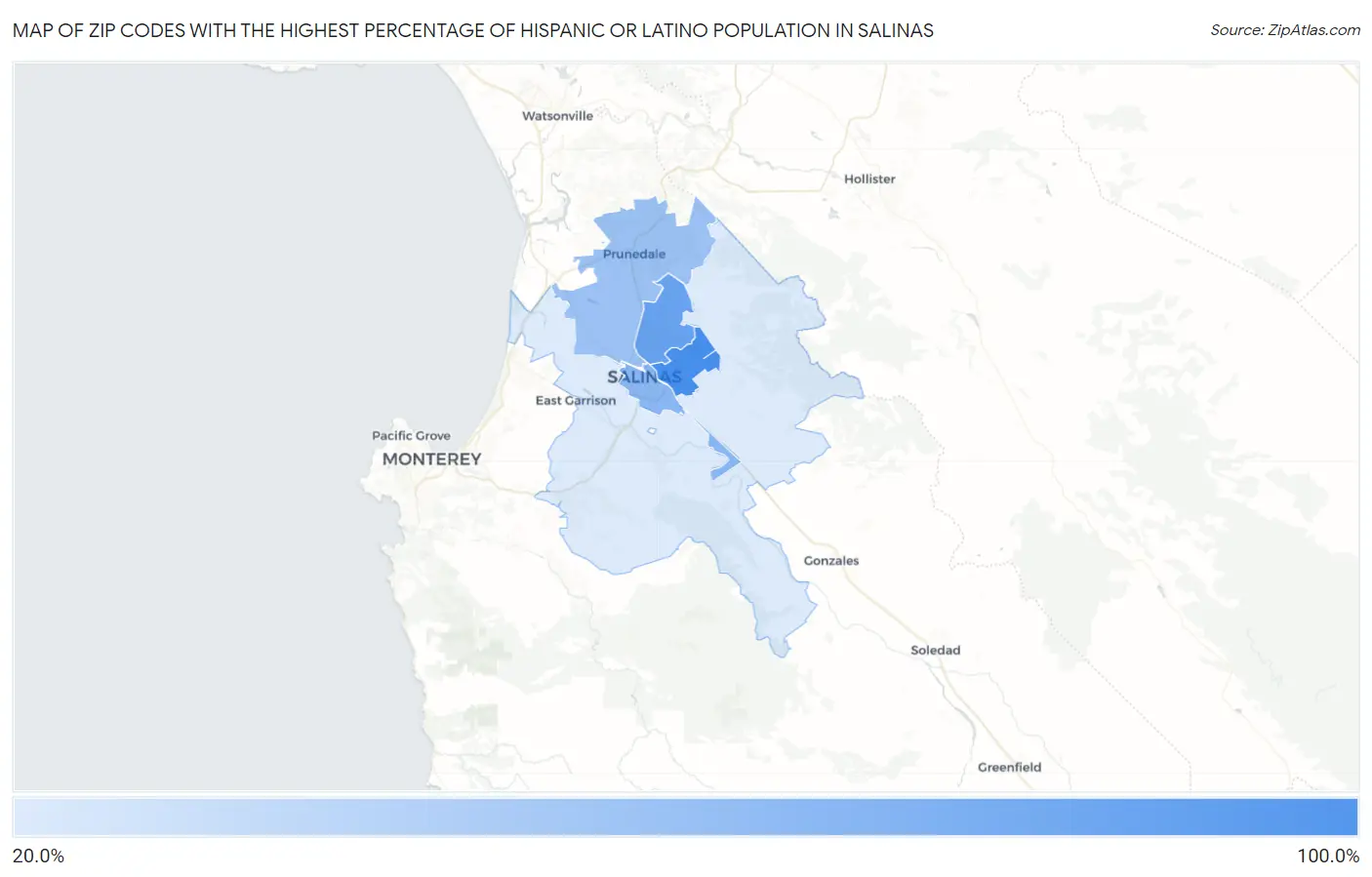 Zip Codes with the Highest Percentage of Hispanic or Latino Population in Salinas Map