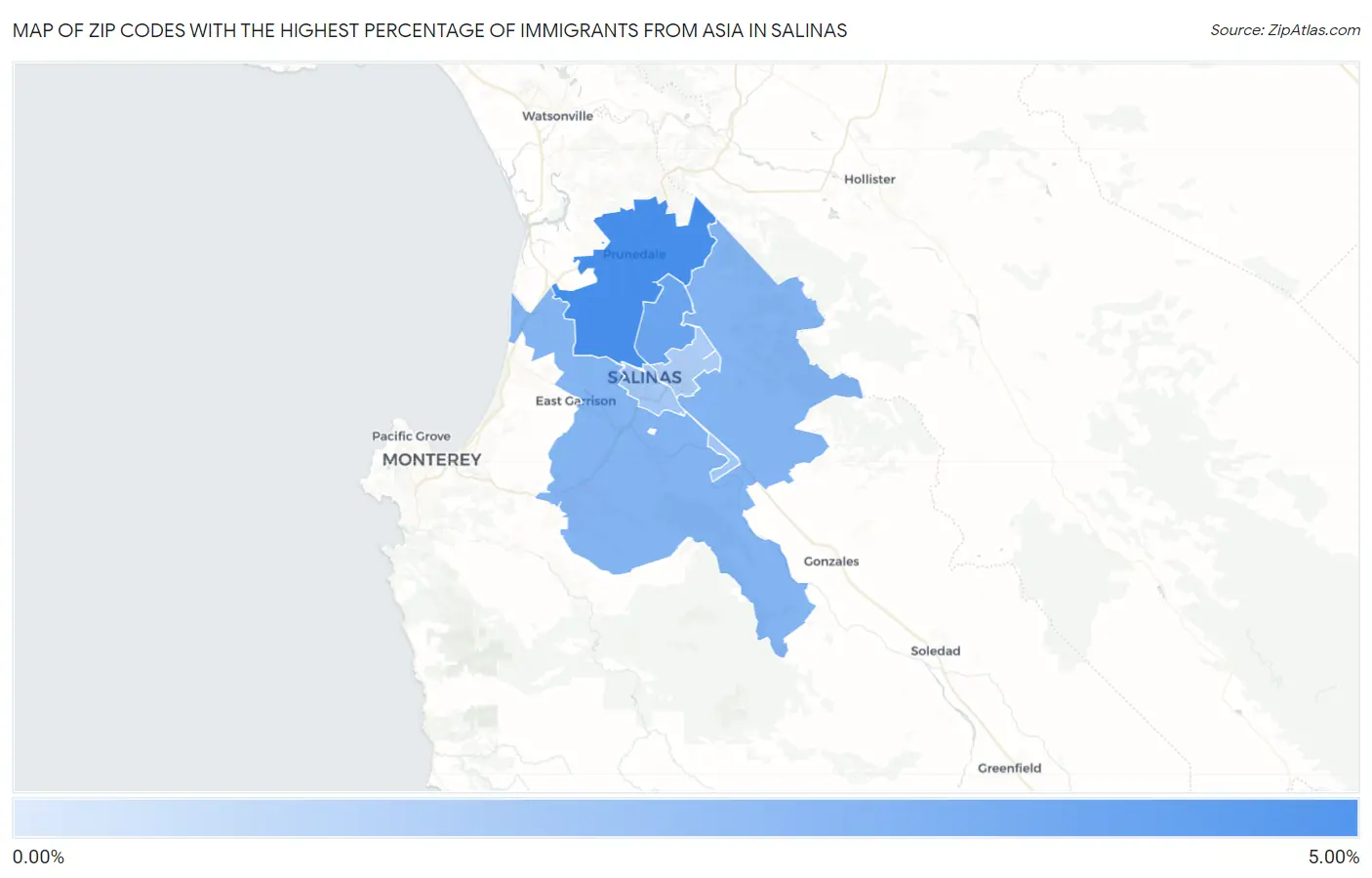 Zip Codes with the Highest Percentage of Immigrants from Asia in Salinas Map