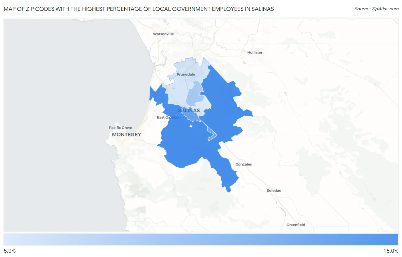 Zip Codes with the Highest Percentage of Local Government Employees in Salinas Map