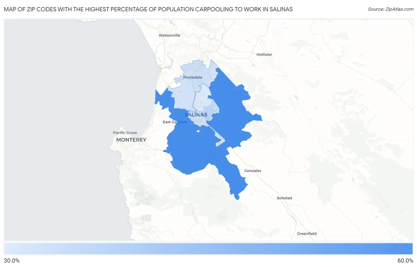 Zip Codes with the Highest Percentage of Population Carpooling to Work in Salinas Map