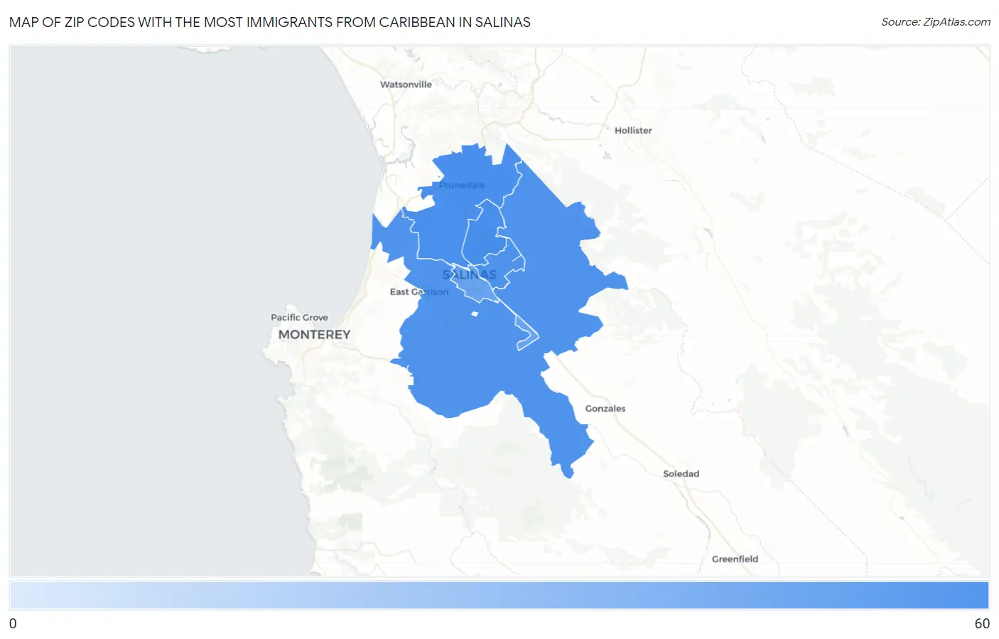 Zip Codes with the Most Immigrants from Caribbean in Salinas Map
