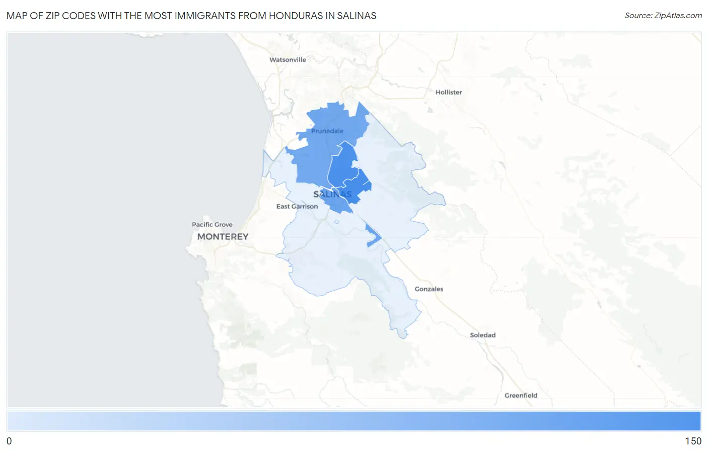 Zip Codes with the Most Immigrants from Honduras in Salinas Map