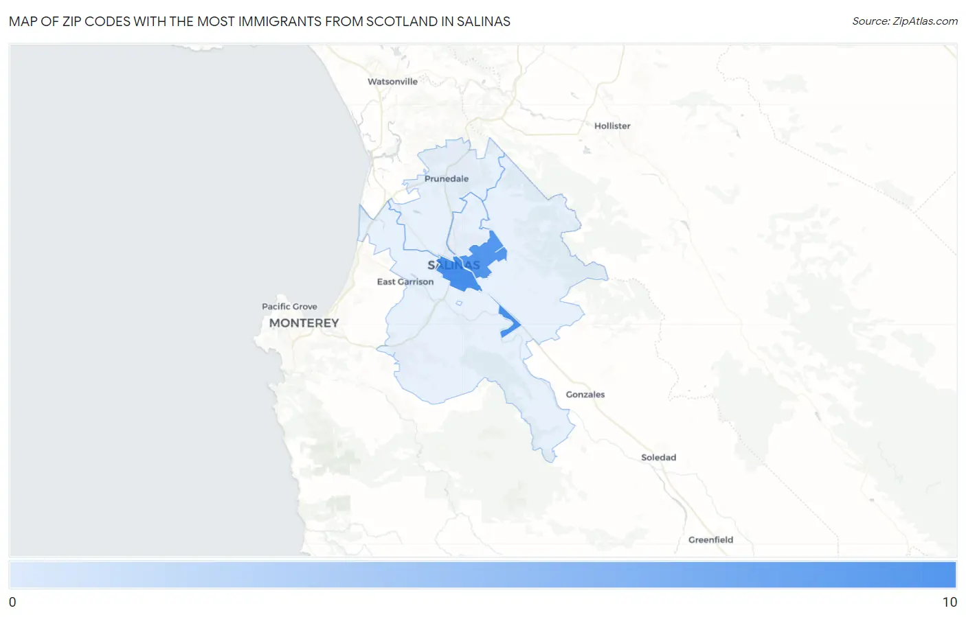 Zip Codes with the Most Immigrants from Scotland in Salinas Map