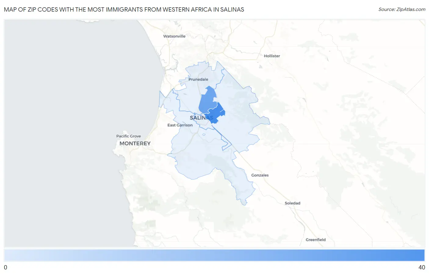 Zip Codes with the Most Immigrants from Western Africa in Salinas Map