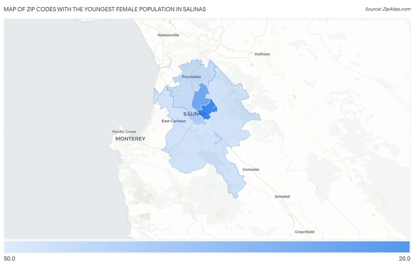 Zip Codes with the Youngest Female Population in Salinas Map