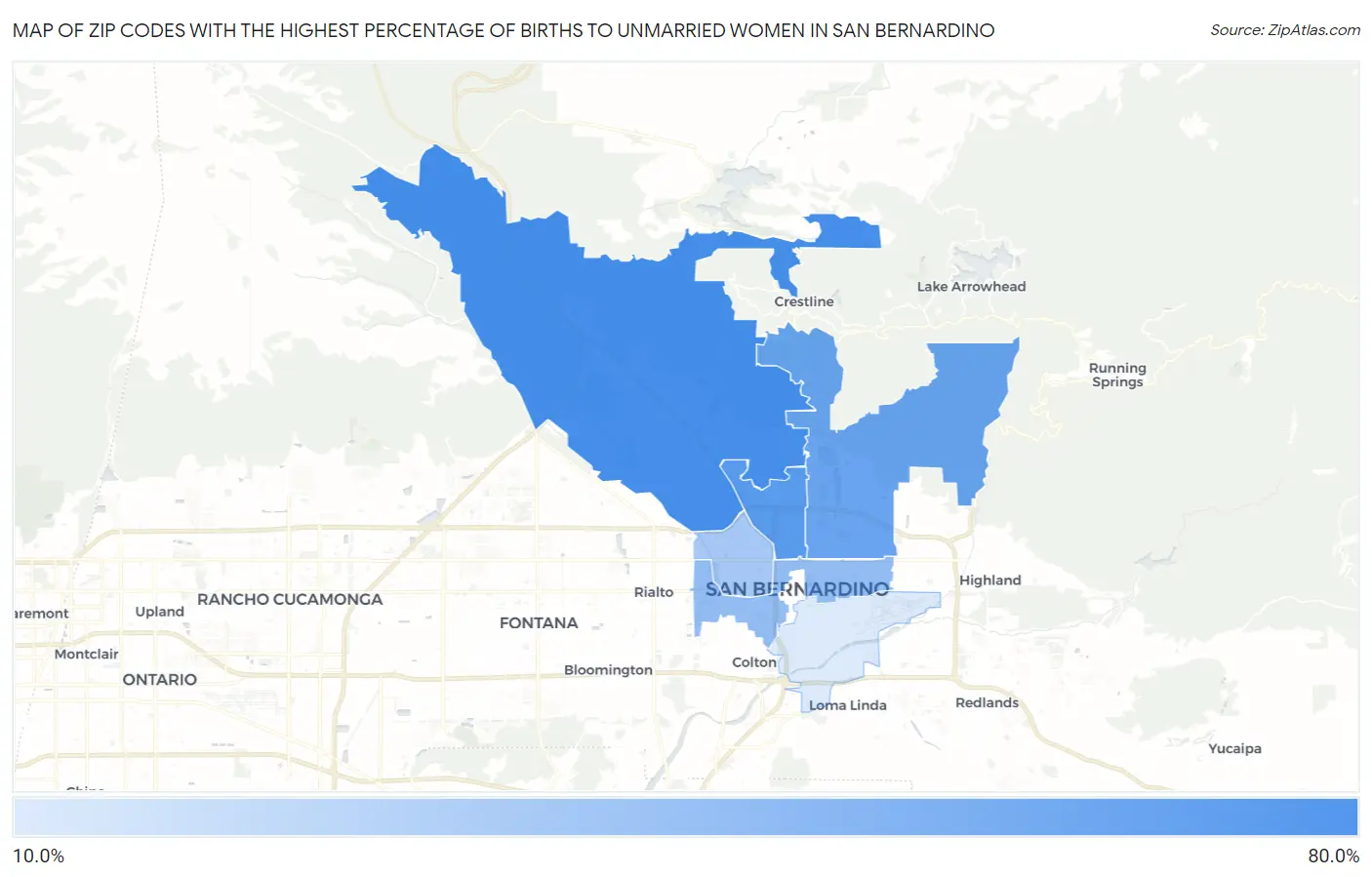 Zip Codes with the Highest Percentage of Births to Unmarried Women in San Bernardino Map