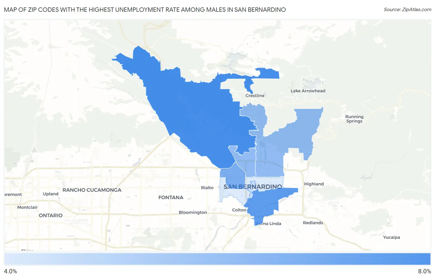 Zip Codes with the Highest Unemployment Rate Among Males in San Bernardino Map