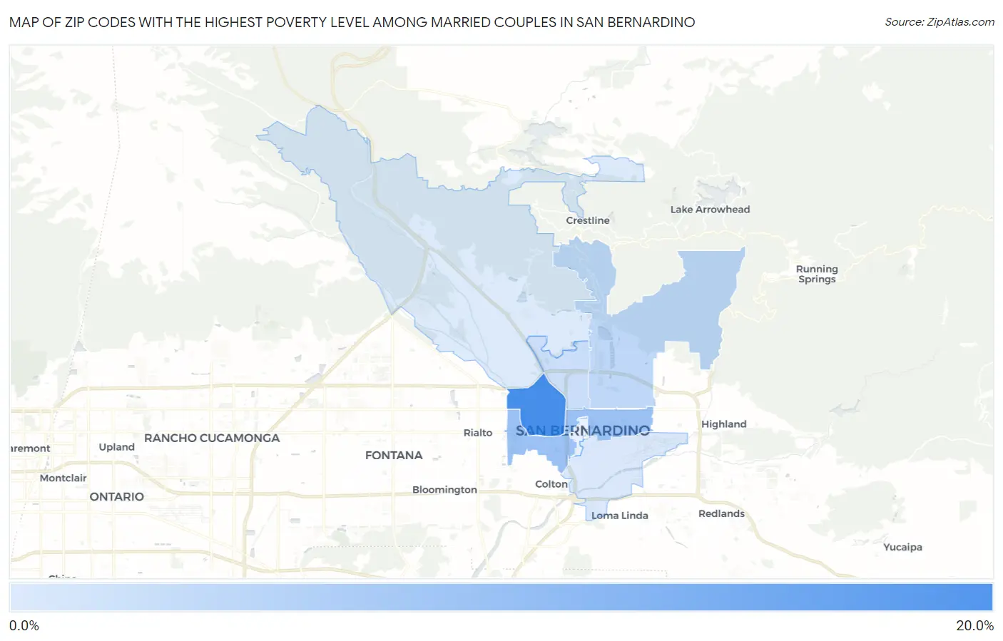 Zip Codes with the Highest Poverty Level Among Married Couples in San Bernardino Map