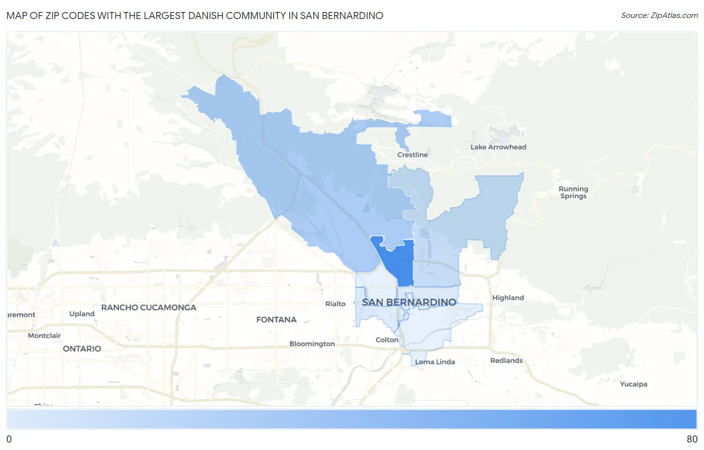 Zip Codes with the Largest Danish Community in San Bernardino Map