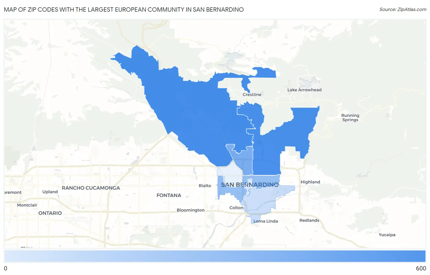 Zip Codes with the Largest European Community in San Bernardino Map