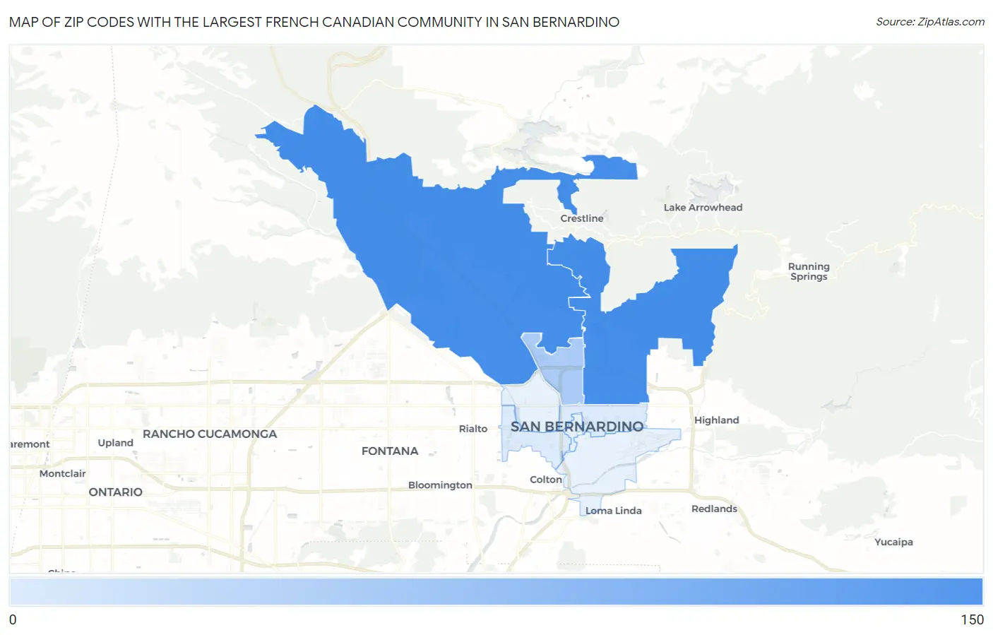 Zip Codes with the Largest French Canadian Community in San Bernardino Map