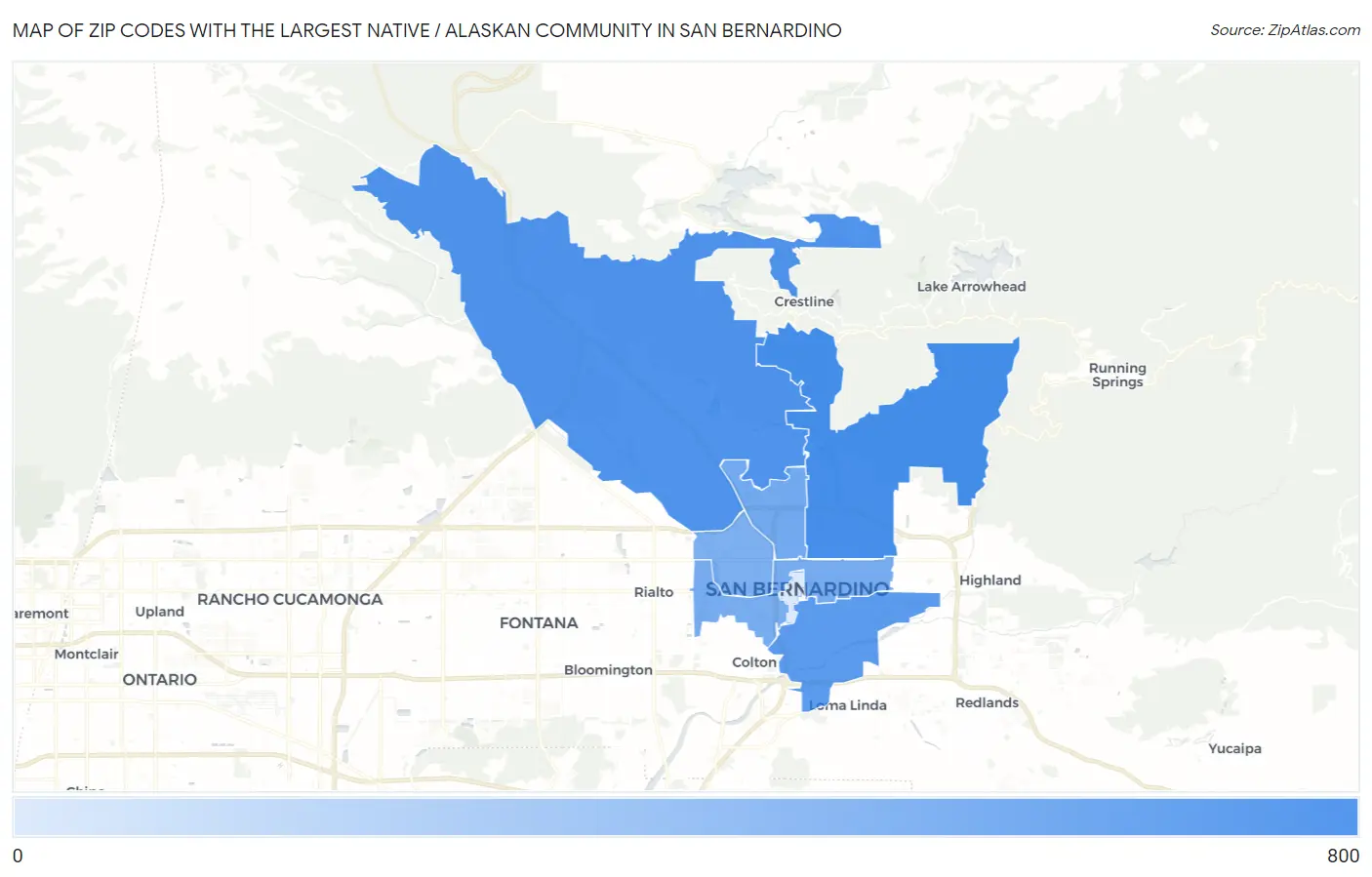 Zip Codes with the Largest Native / Alaskan Community in San Bernardino Map