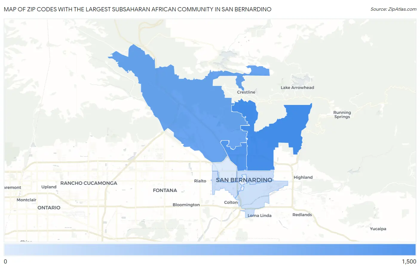 Zip Codes with the Largest Subsaharan African Community in San Bernardino Map