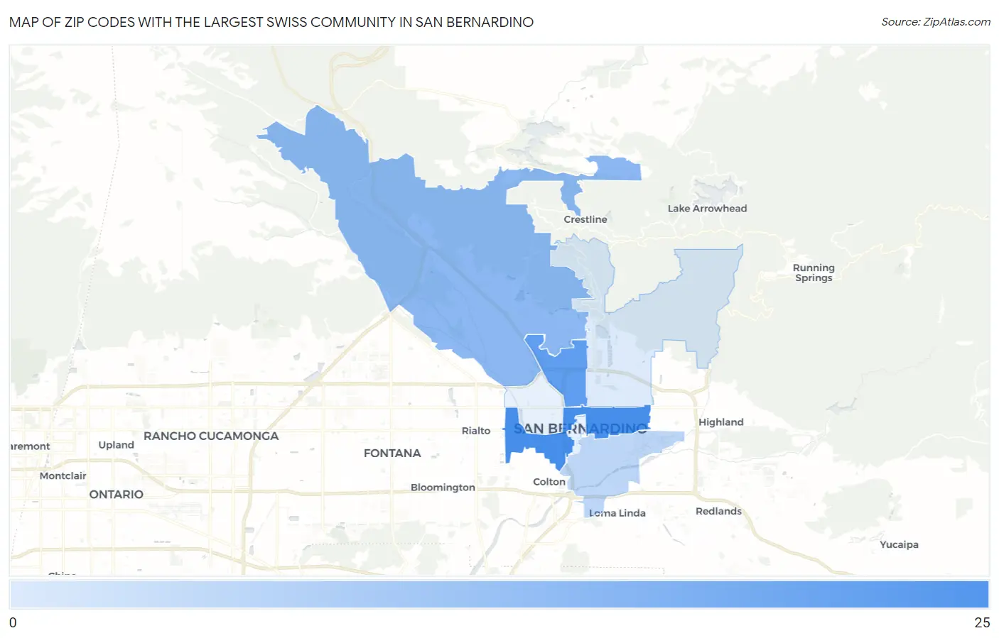 Zip Codes with the Largest Swiss Community in San Bernardino Map