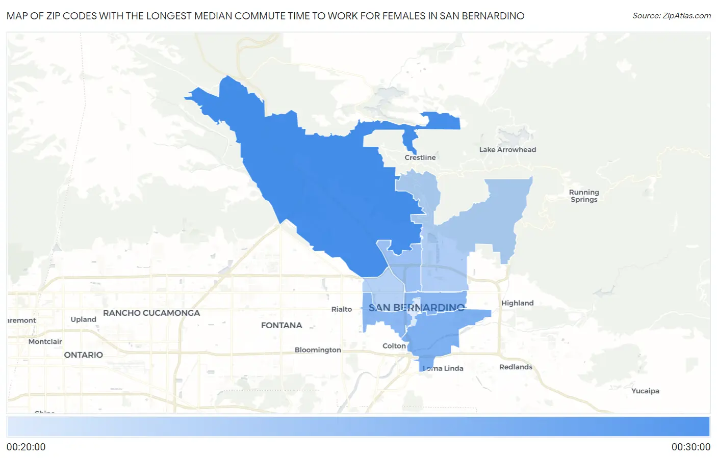 Zip Codes with the Longest Median Commute Time to Work for Females in San Bernardino Map
