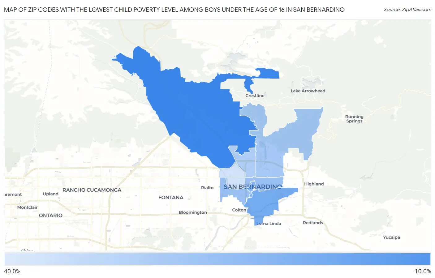 Zip Codes with the Lowest Child Poverty Level Among Boys Under the Age of 16 in San Bernardino Map