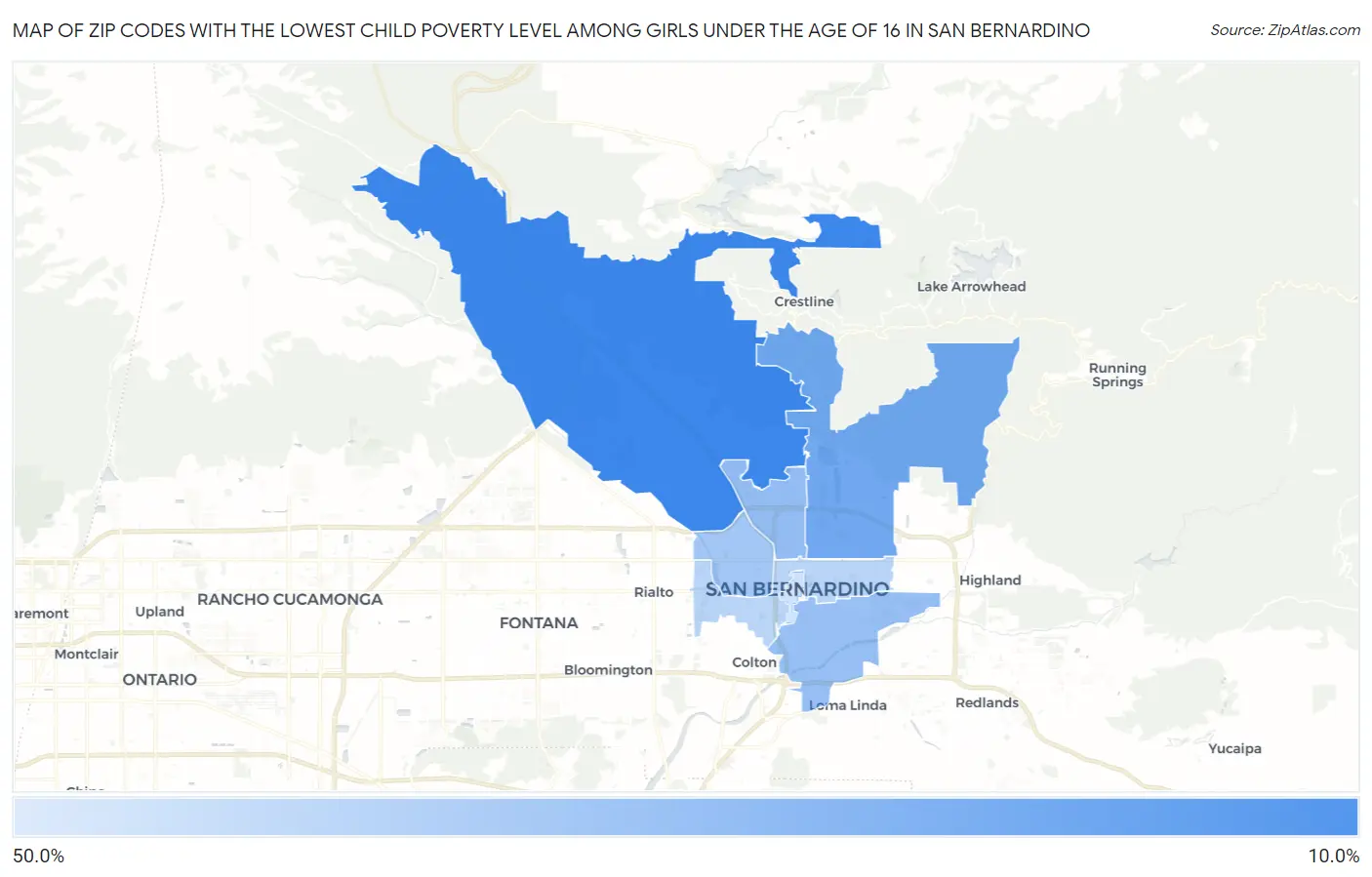 Zip Codes with the Lowest Child Poverty Level Among Girls Under the Age of 16 in San Bernardino Map