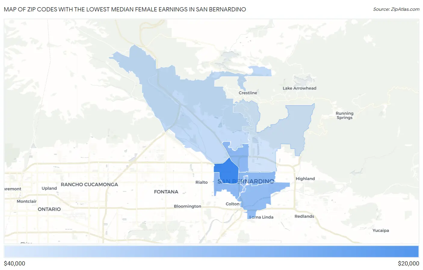 Zip Codes with the Lowest Median Female Earnings in San Bernardino Map