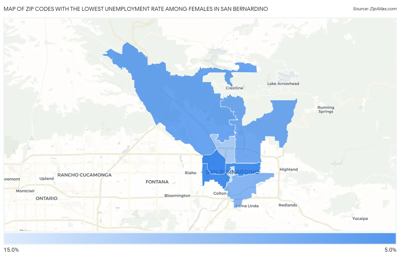 Zip Codes with the Lowest Unemployment Rate Among Females in San Bernardino Map