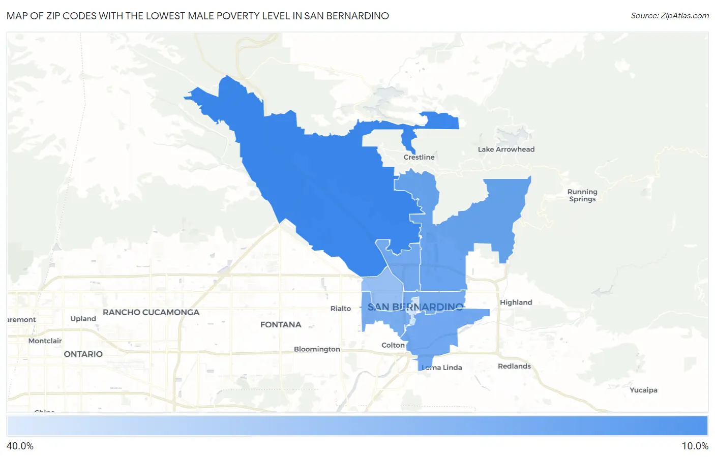 Zip Codes with the Lowest Male Poverty Level in San Bernardino Map