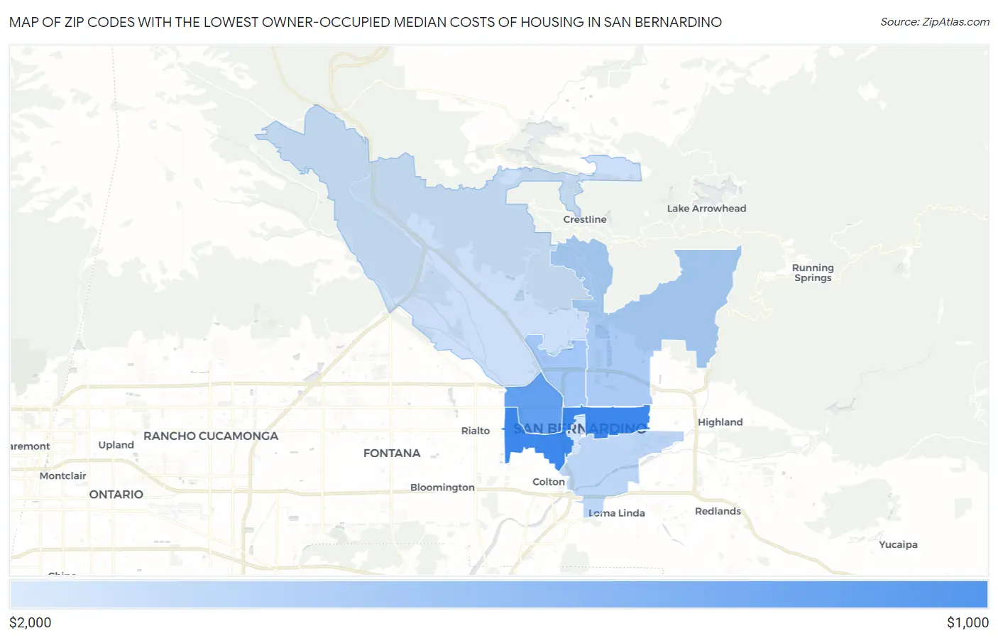 Zip Codes with the Lowest Owner-Occupied Median Costs of Housing in San Bernardino Map