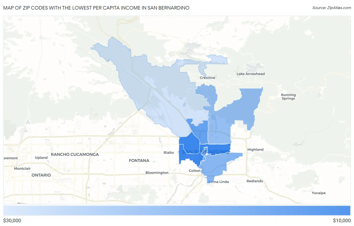 Zip Codes with the Lowest Per Capita Income in San Bernardino Map