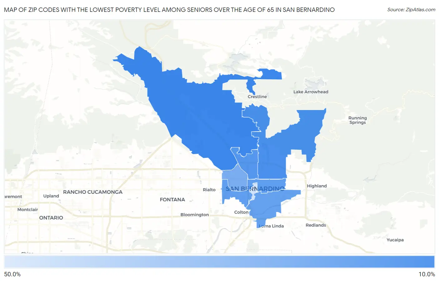 Zip Codes with the Lowest Poverty Level Among Seniors Over the Age of 65 in San Bernardino Map