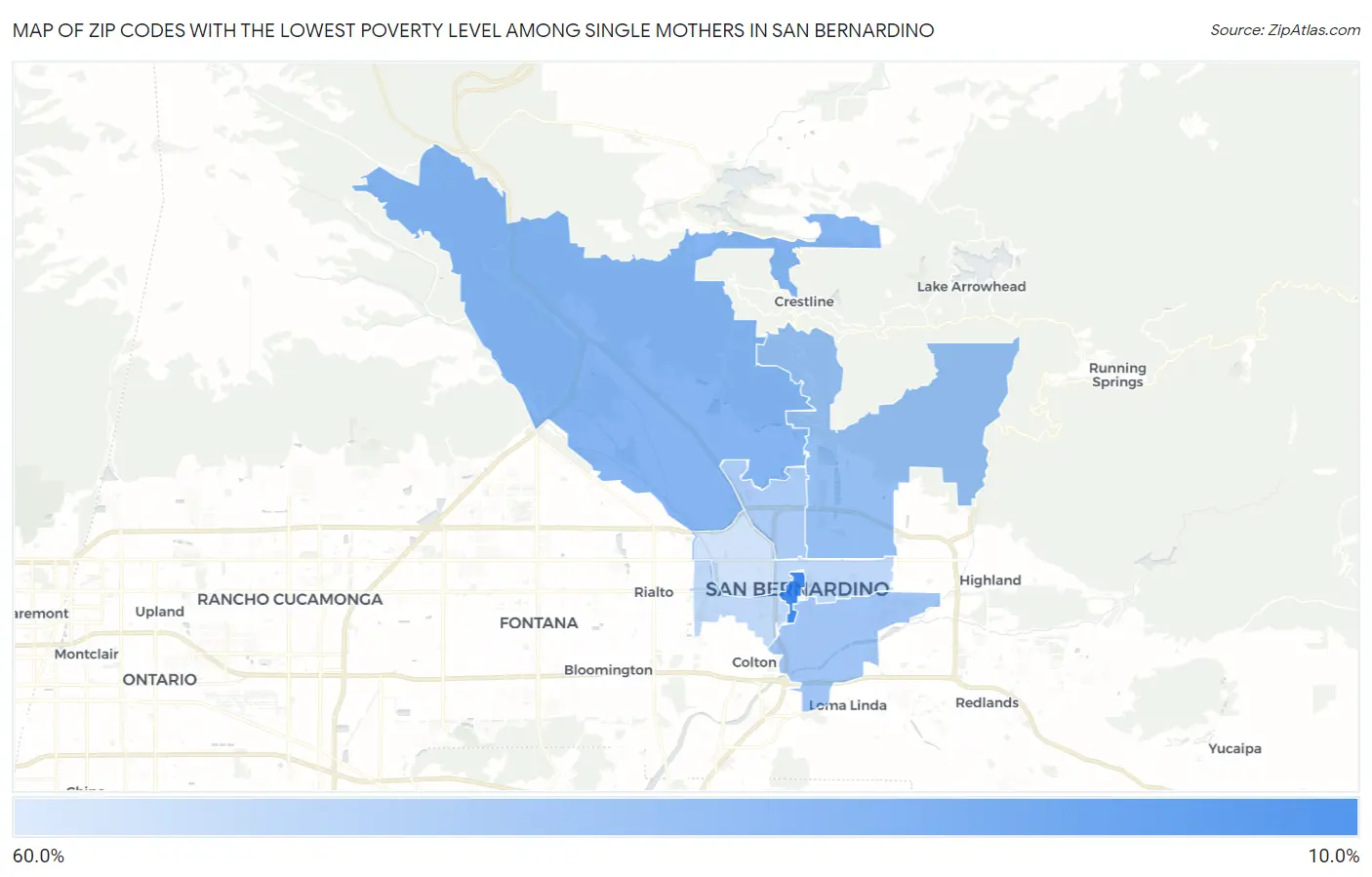 Zip Codes with the Lowest Poverty Level Among Single Mothers in San Bernardino Map