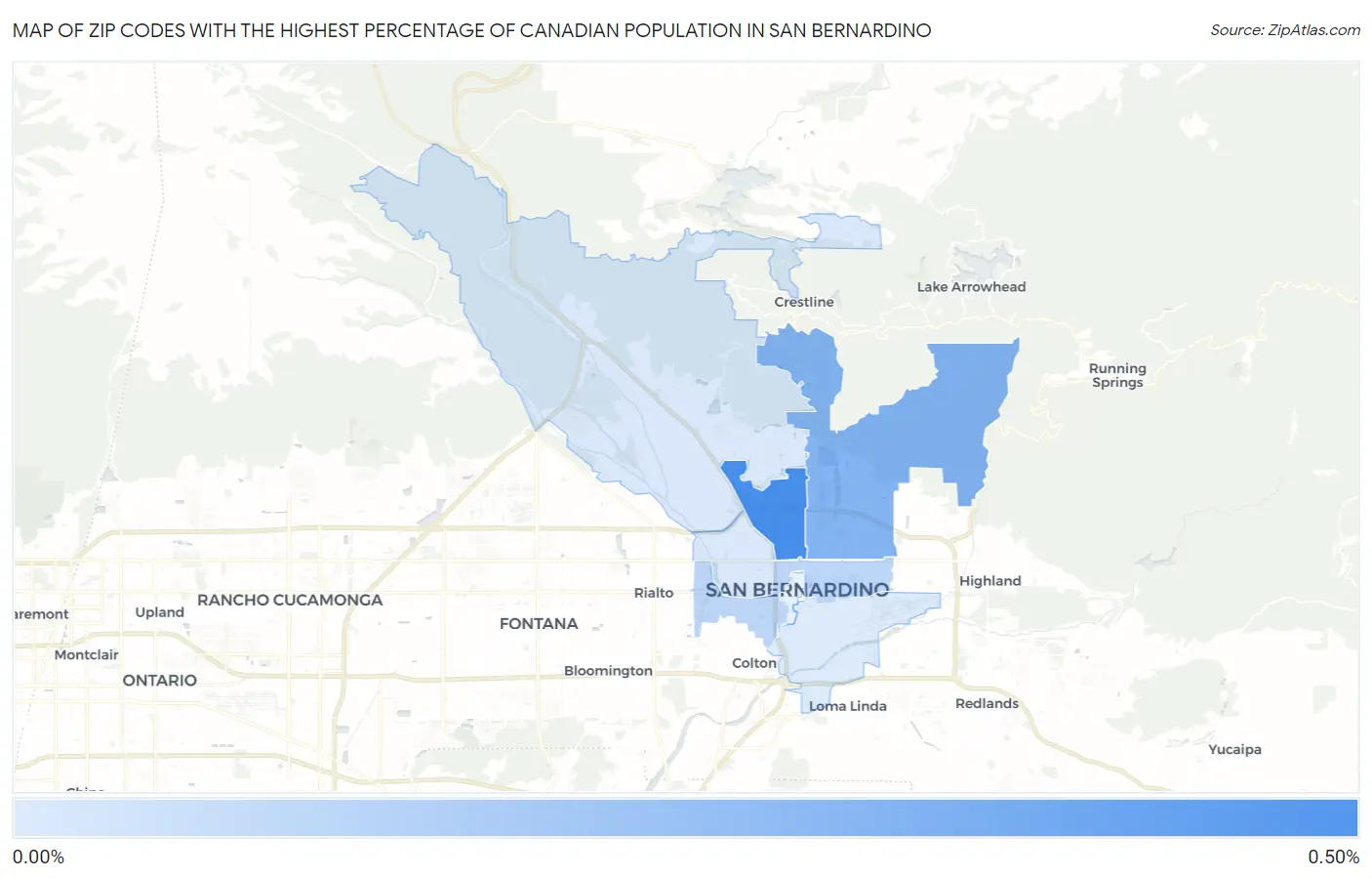 Zip Codes with the Highest Percentage of Canadian Population in San Bernardino Map