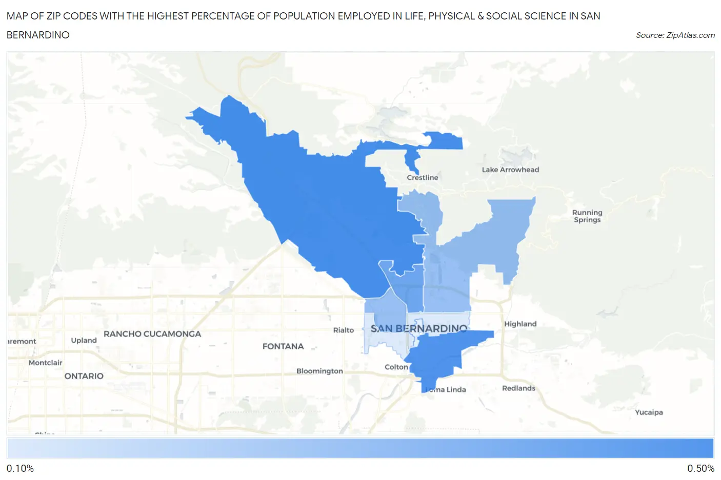 Zip Codes with the Highest Percentage of Population Employed in Life, Physical & Social Science in San Bernardino Map