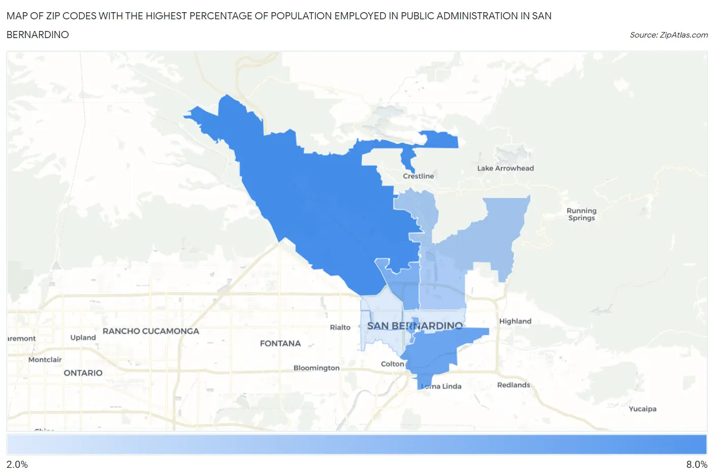 Zip Codes with the Highest Percentage of Population Employed in Public Administration in San Bernardino Map