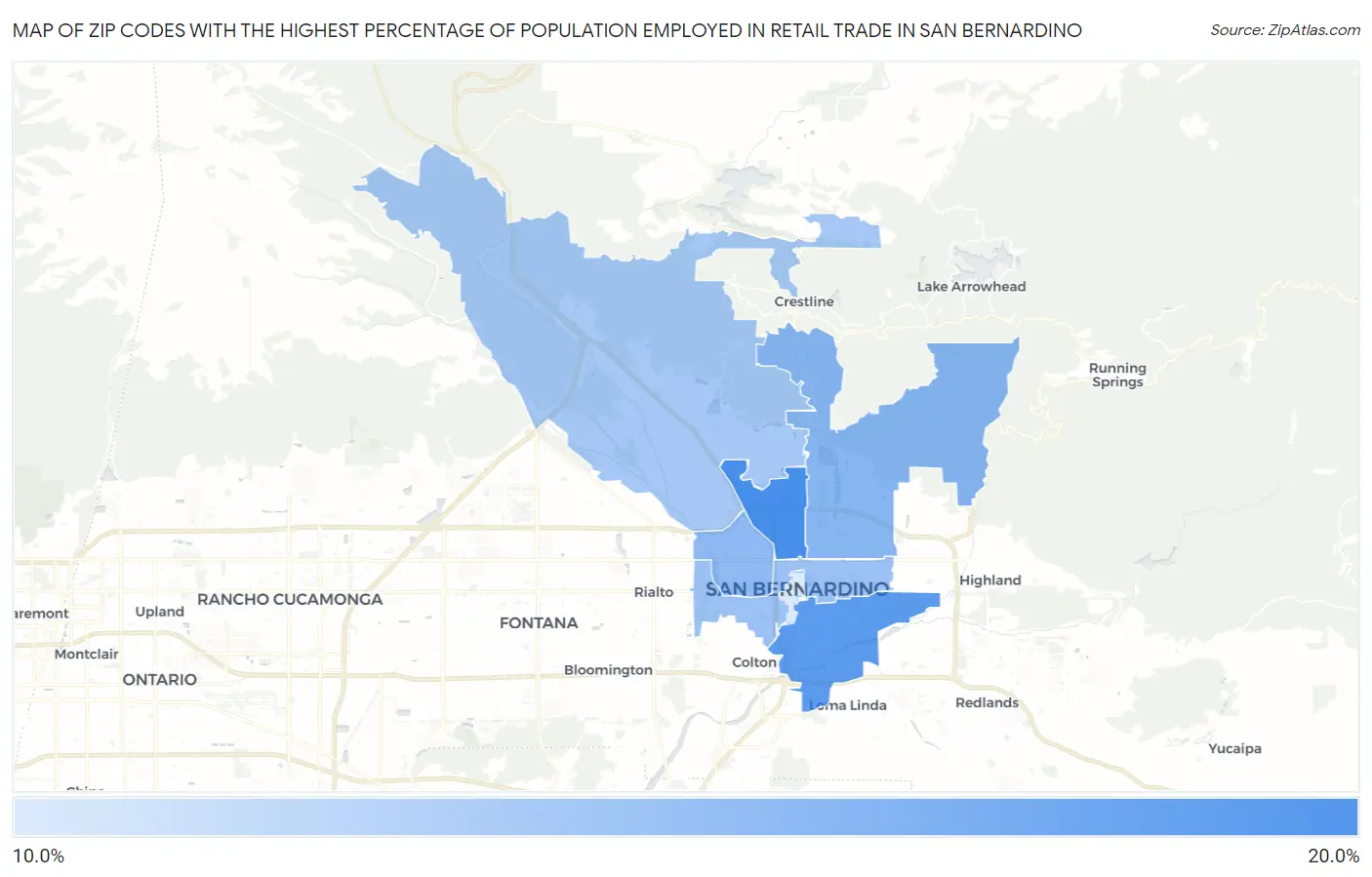 Zip Codes with the Highest Percentage of Population Employed in Retail Trade in San Bernardino Map