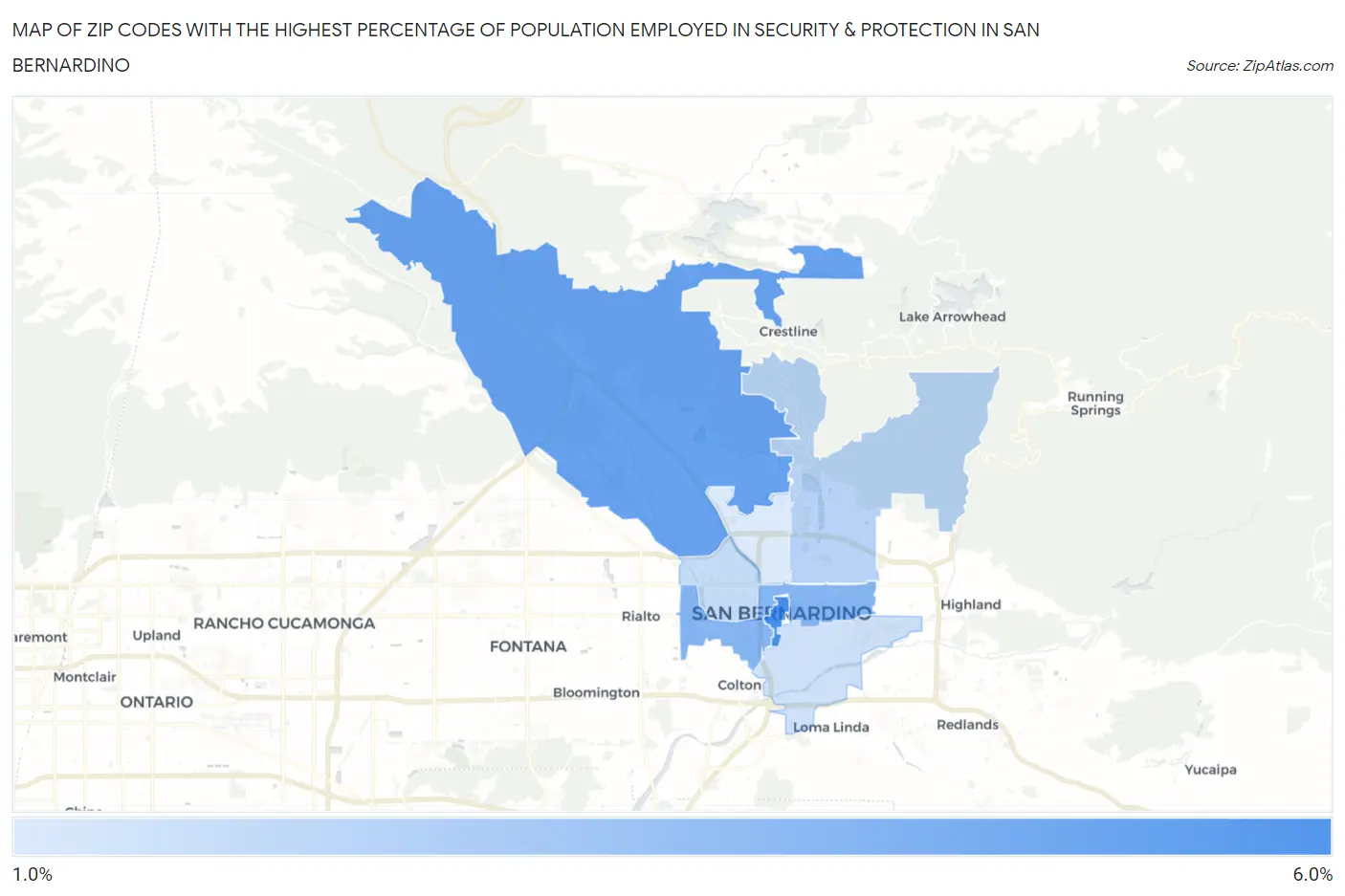 Zip Codes with the Highest Percentage of Population Employed in Security & Protection in San Bernardino Map