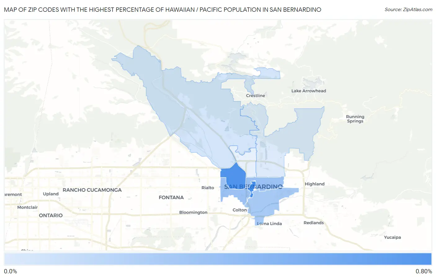 Zip Codes with the Highest Percentage of Hawaiian / Pacific Population in San Bernardino Map