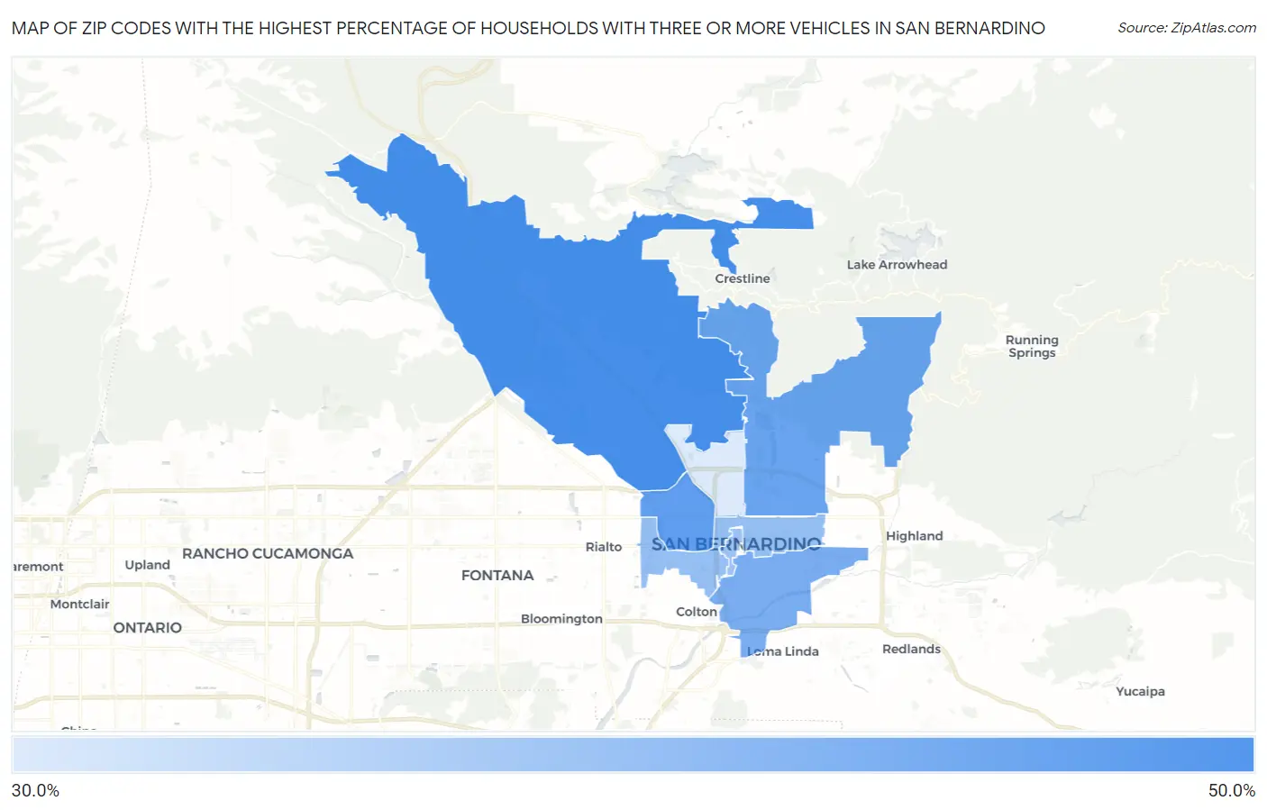 Zip Codes with the Highest Percentage of Households With Three or more Vehicles in San Bernardino Map