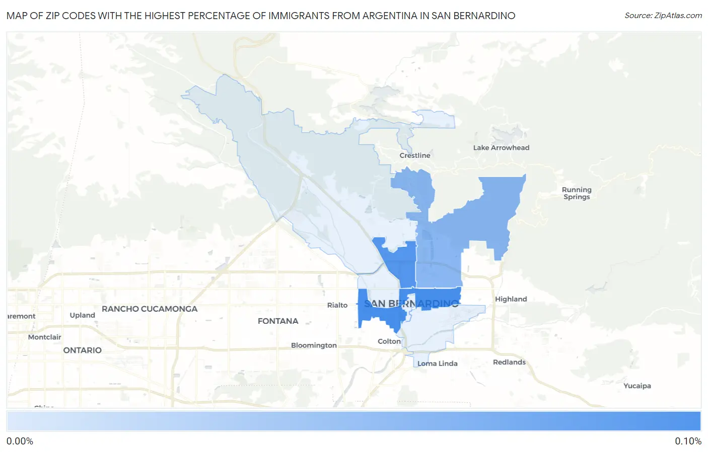 Zip Codes with the Highest Percentage of Immigrants from Argentina in San Bernardino Map