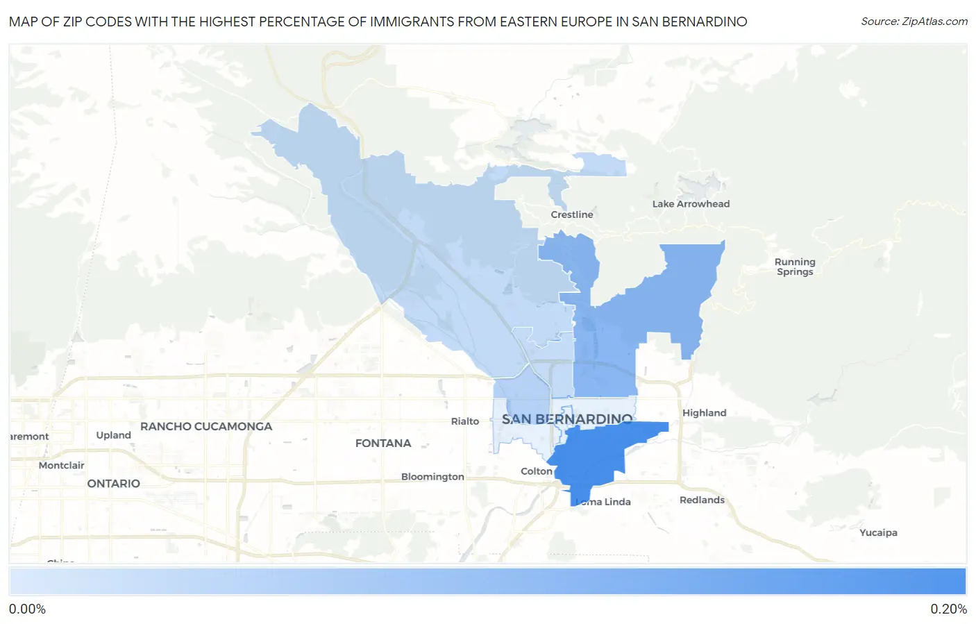 Zip Codes with the Highest Percentage of Immigrants from Eastern Europe in San Bernardino Map