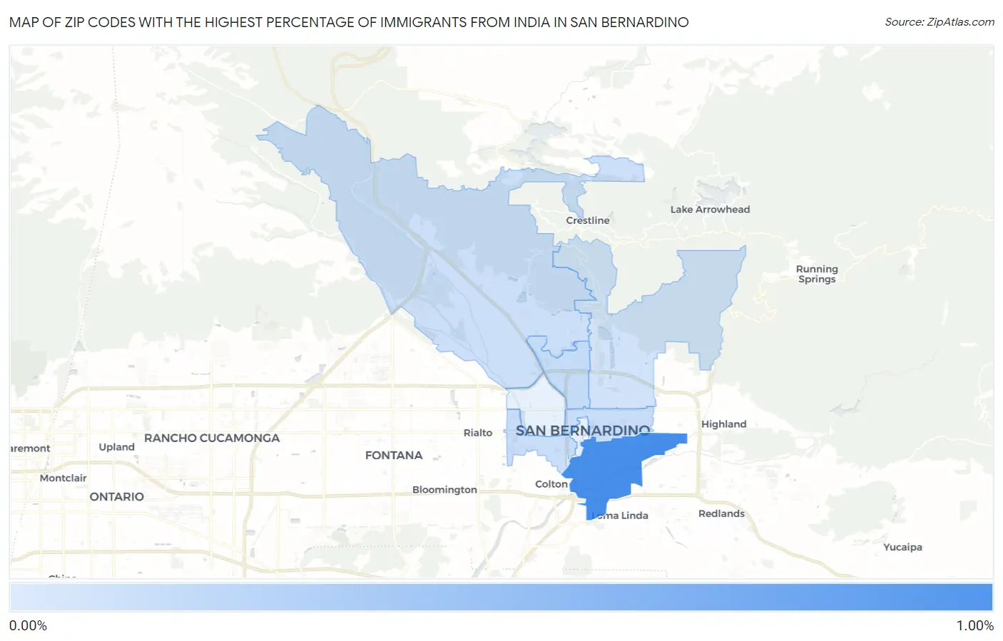 Zip Codes with the Highest Percentage of Immigrants from India in San Bernardino Map