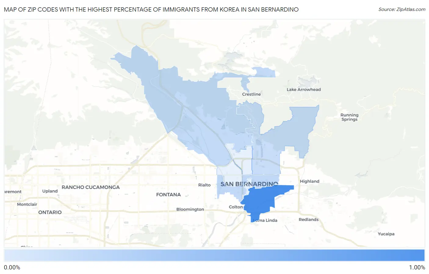 Zip Codes with the Highest Percentage of Immigrants from Korea in San Bernardino Map
