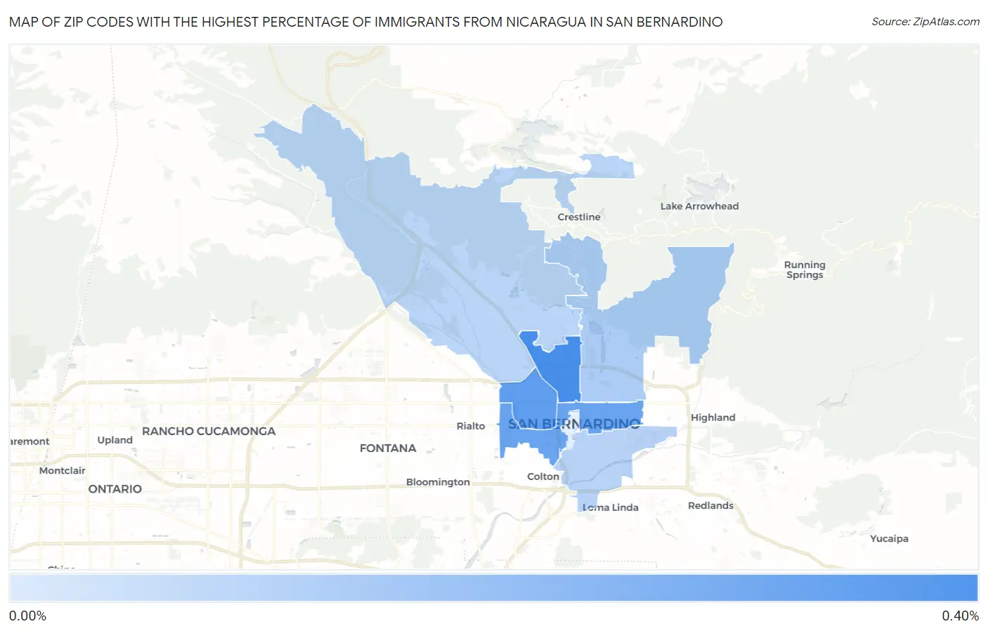Zip Codes with the Highest Percentage of Immigrants from Nicaragua in San Bernardino Map