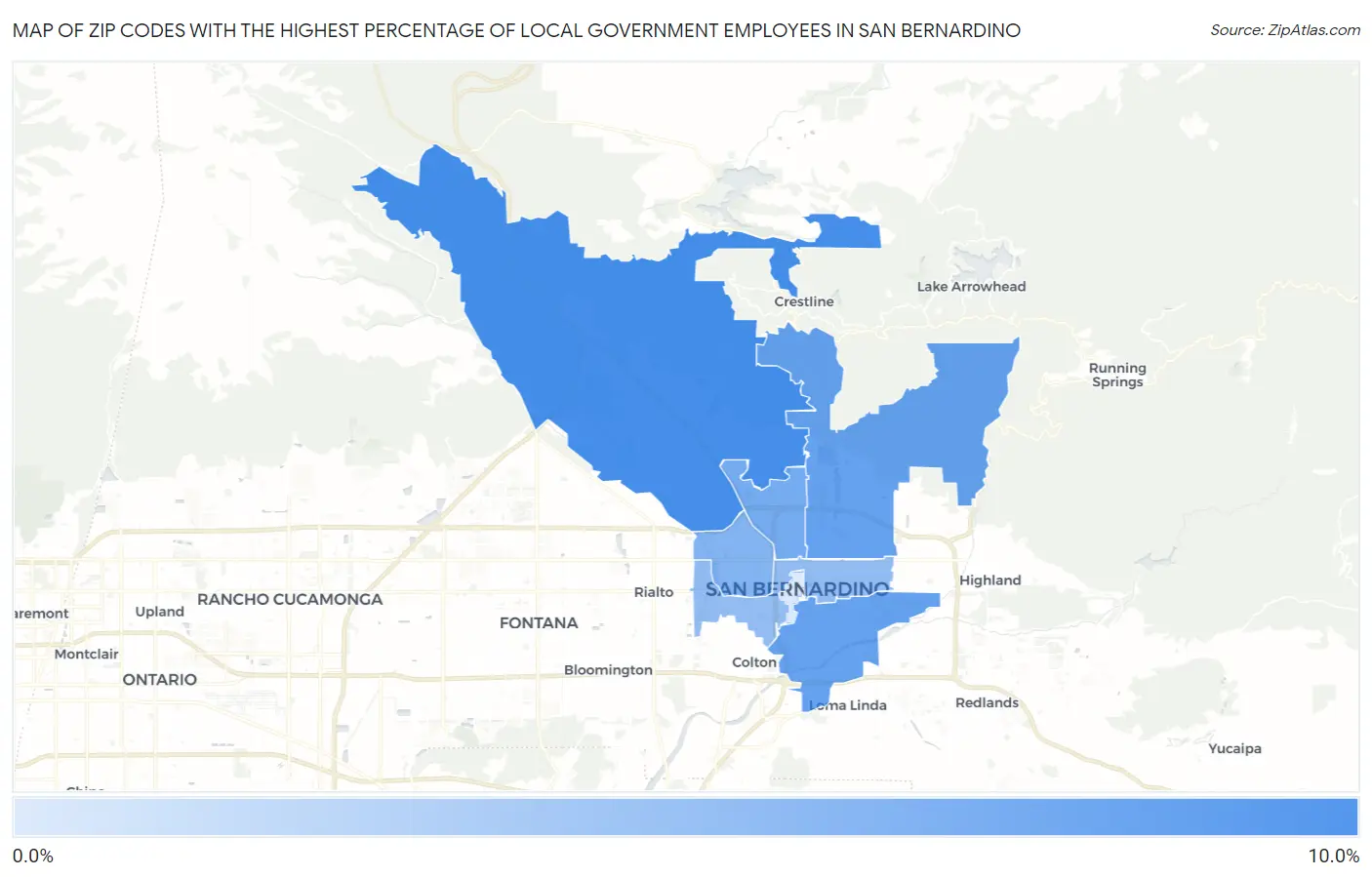 Zip Codes with the Highest Percentage of Local Government Employees in San Bernardino Map