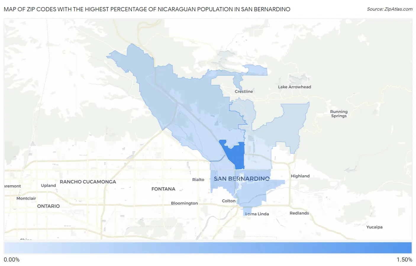 Zip Codes with the Highest Percentage of Nicaraguan Population in San Bernardino Map