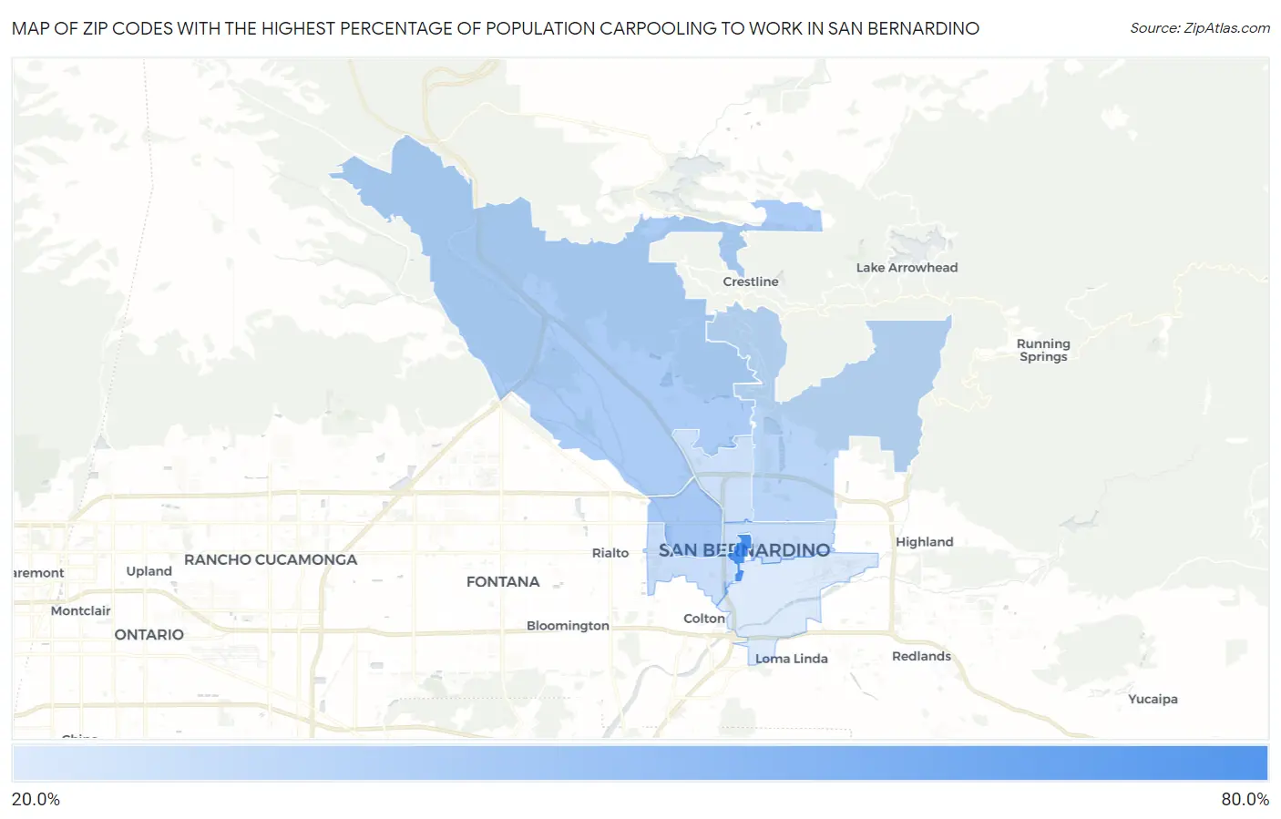 Zip Codes with the Highest Percentage of Population Carpooling to Work in San Bernardino Map