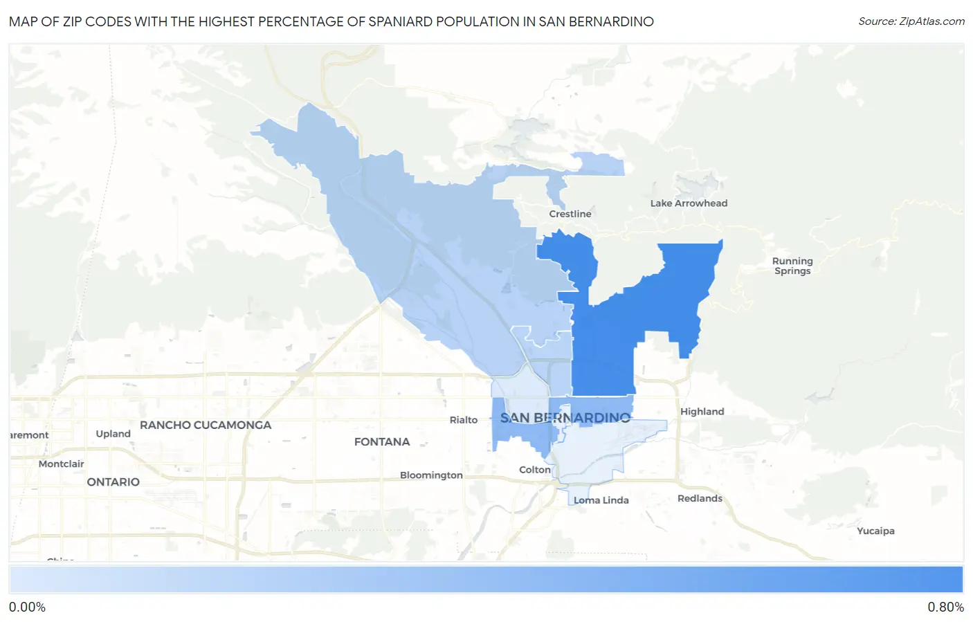 Zip Codes with the Highest Percentage of Spaniard Population in San Bernardino Map