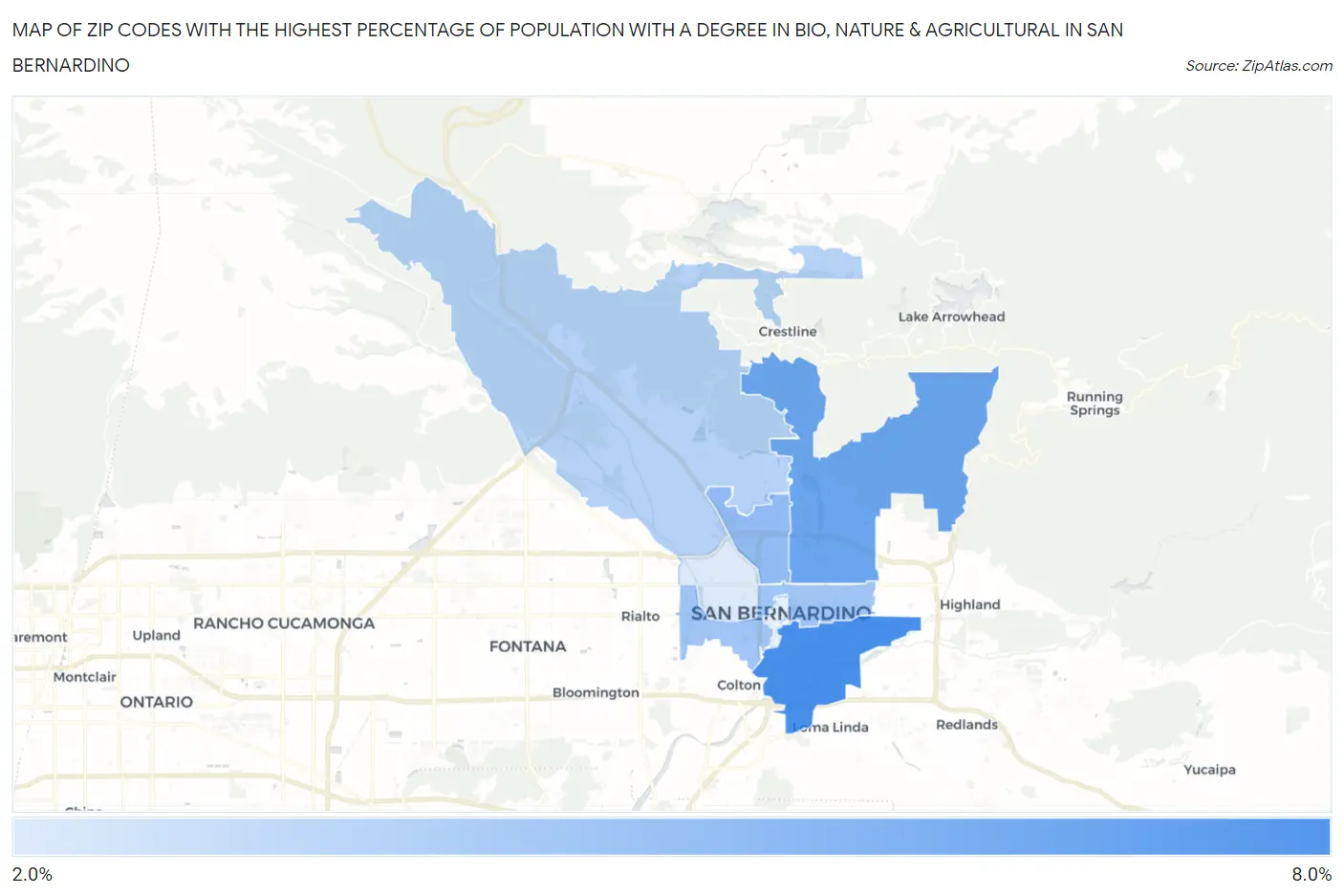 Zip Codes with the Highest Percentage of Population with a Degree in Bio, Nature & Agricultural in San Bernardino Map